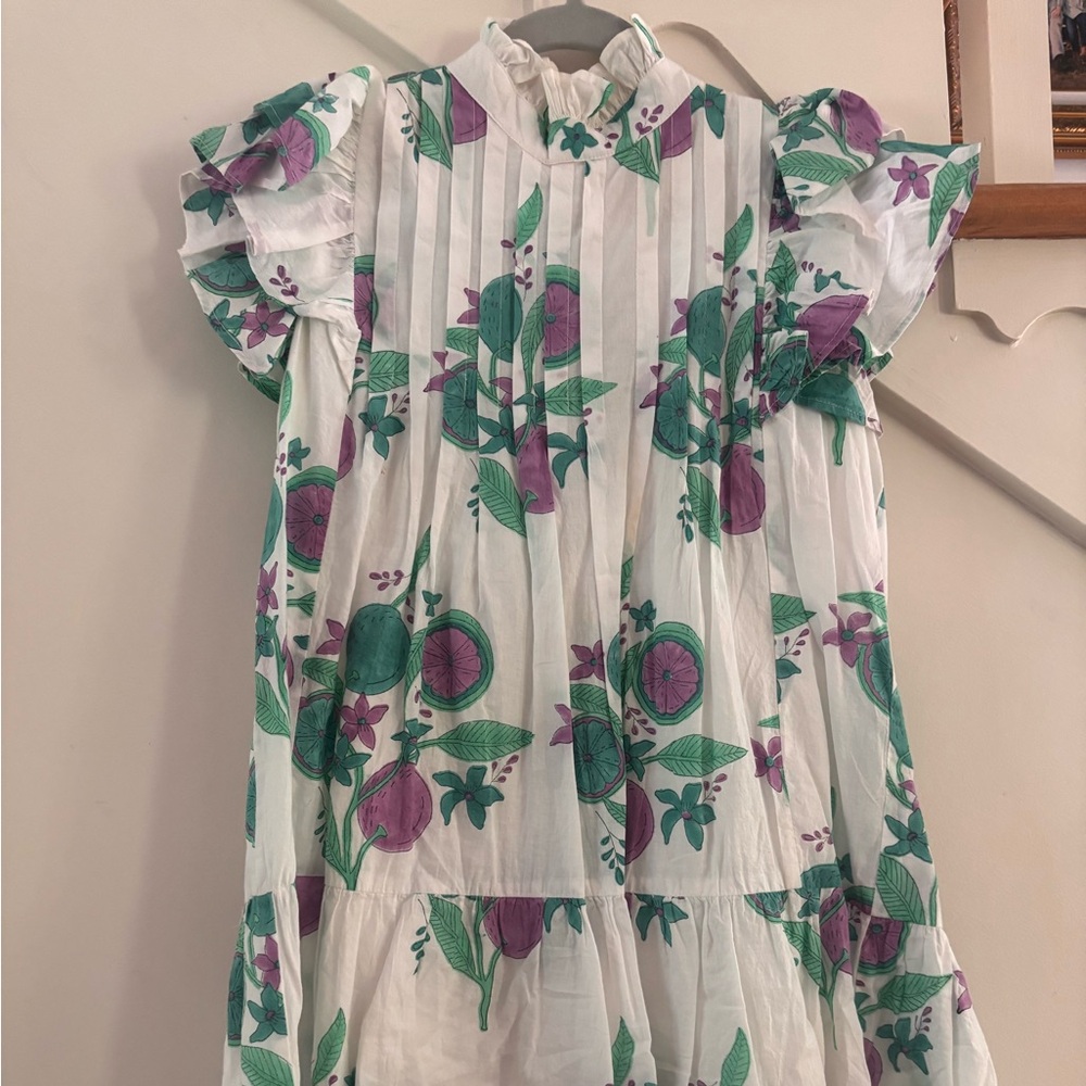 Victoria Dunn White Cotton Dress with Green & Purple Floral Print